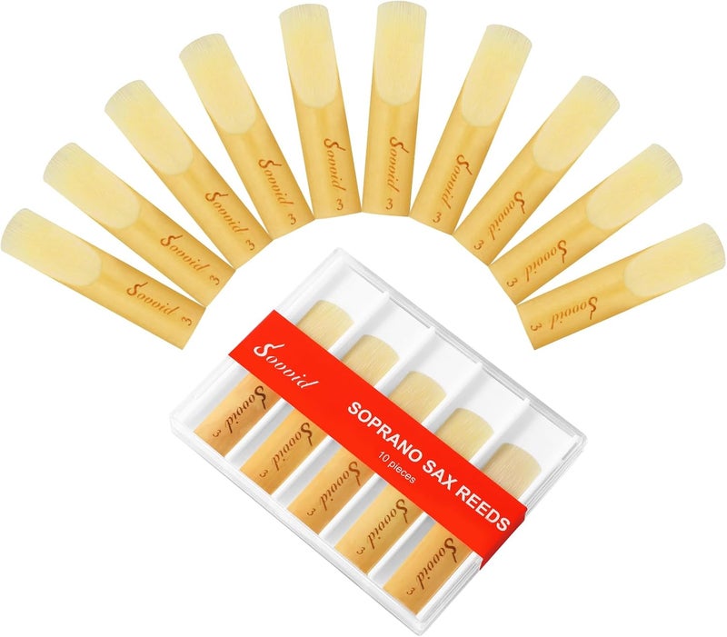 Sovvid 10 Pack Bb Soprano Saxophone Reeds with Plastic Box, Strength 3.0 Soprano Sax Reeds, Laser Engraved Marking & Thinner Reed Tip for Easy of Play, Traditional Reeds for Soprano Sax - Image 1